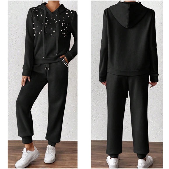 Cozy Fleece Lined Faux Pearl Hoodie Jogger Pants Set - Picture 11 of 12